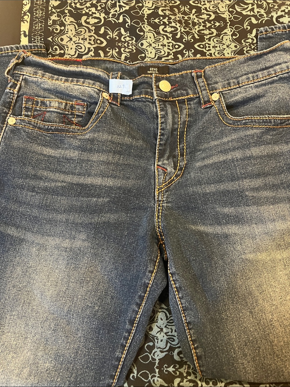 True Religion Men's Skinny Jeans in Dark Blue Denim with Contrast Stitching